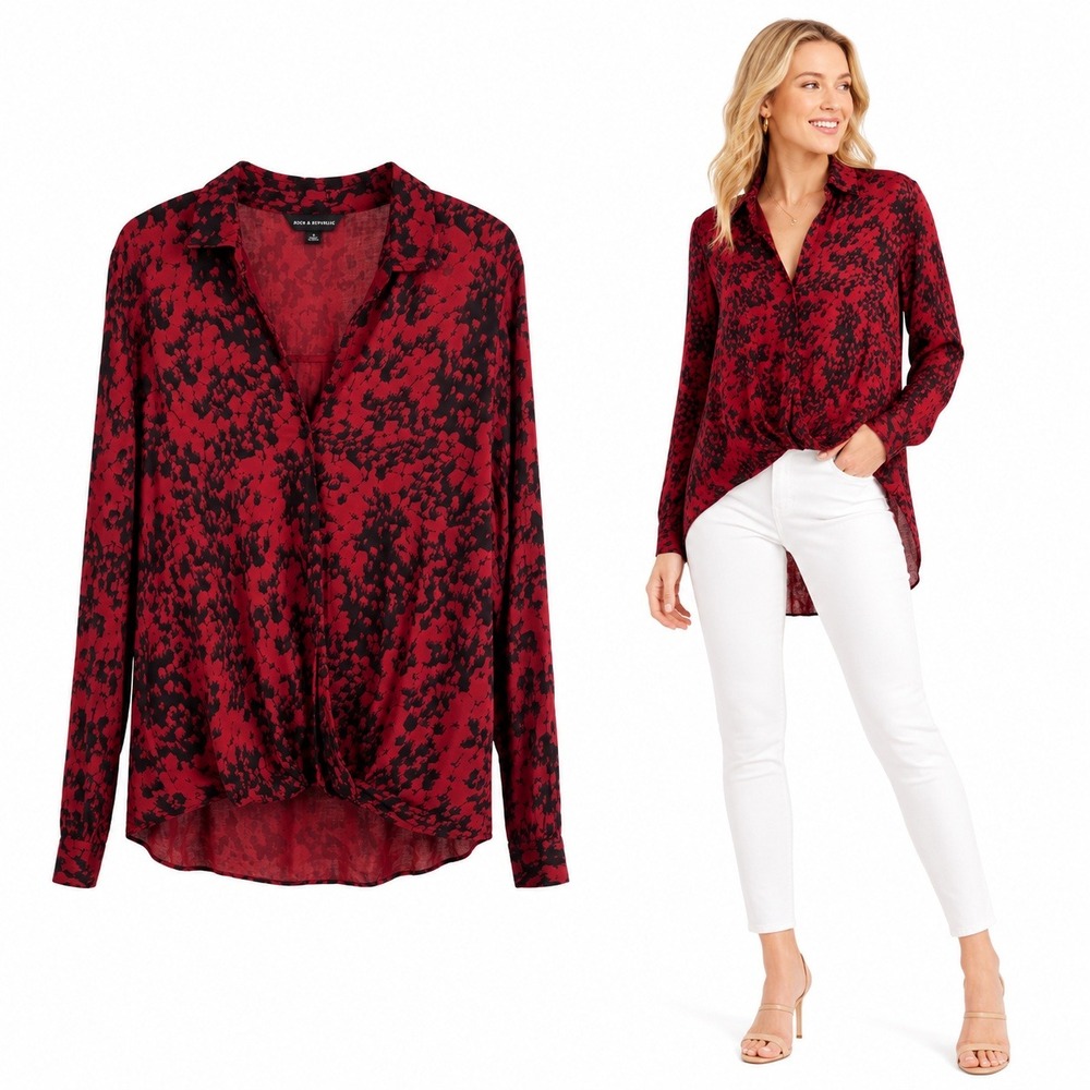 Rock & Republic Blouse Women XL Red Black Abstract Twist Front High-Low Top